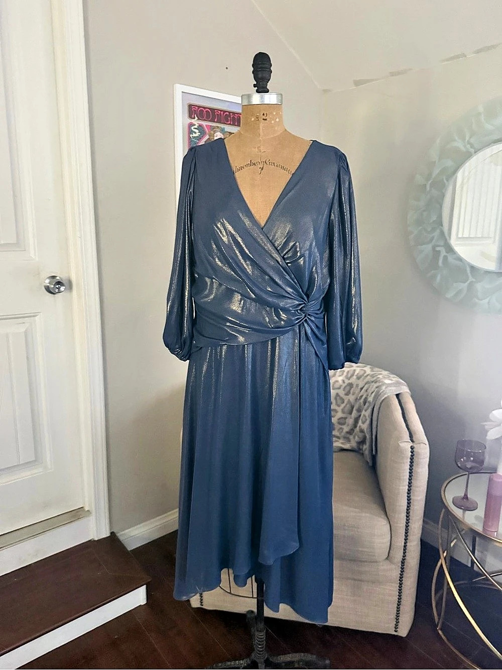 DKNY Long Sleeve Twist Front Midi Dress Blue Midi Dress